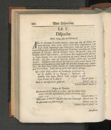 Lit. F. Dispache. Anno 1704. ady 18 Februarij.