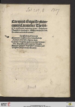 Baptiste Mantuani Carmelite Theologi de presidentia oratoris et poete ad Jo. Bap. refrigerium Carmen.