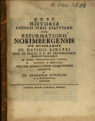 Historia Codicis Iuris Statutarii Sive Reformationis Norimbergensis