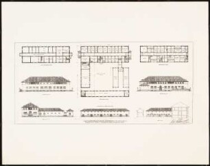 Landwirtschaftliche Hochschule, Berlin-Dahlem: Grundriss: Keller, Erdgeschoss, Obergeschoss; Aufriss: Nordansicht, Westansicht, Südansicht, Hofansicht des Stalles; Querschnitt (gleichzeitig östliche Hofinnenseite des Flügels); (ohne Maßstab)
