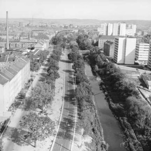 Wilhelm-Pieck-Straße (Stauffenbergallee) am Gera-Flutgraben in der Erfurter Johannesvorstadt : Blickrichtung Südosten
