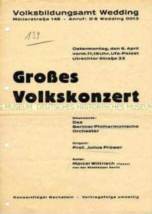 Programm des Volksbildungsamtes Wedding zu einem Volkskonzert