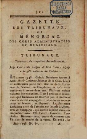 Gazette des tribunaux et mémorial des corps administratifs et municipaux. 8. 1793, 18. Aug. - 18. Nov.