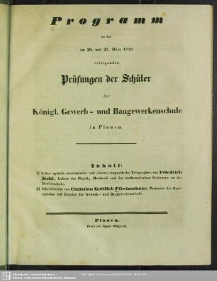 1849/50(1850): Programm zu den am ... erfolgenden Prüfungen der Schüler der Königl. Gewerb- und Baugewerkenschule in Plauen