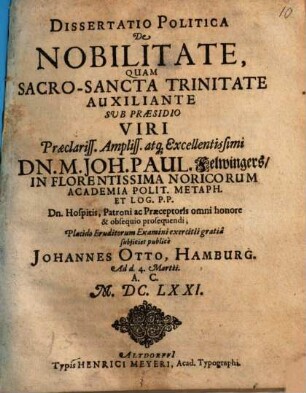 Diss. polit. de nobilitate