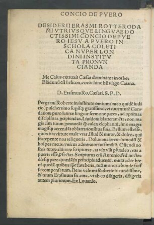 Desiderii Erasmi Rotterodami Utriusque Linguae Doctissimi Concio De Puero Iesu A Puero In Schola Coletica Nuper Londini Instituta Pronuncianda