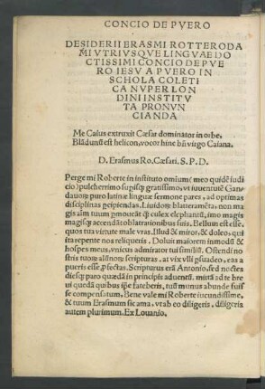 Desiderii Erasmi Rotterodami Utriusque Linguae Doctissimi Concio De Puero Iesu A Puero In Schola Coletica Nuper Londini Instituta Pronuncianda