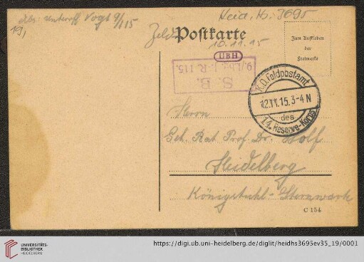 Briefe von Heinrich Vogt an Max Wolf: Karte von Heinrich Vogt an Max Wolf