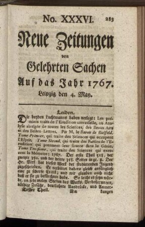 No. XXXVI. Leipzig den 4. May. - No. XLIII. Leipzig den 28. May.