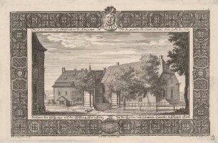 Gebäudegruppe aus Kommandantenhaus, Torhaus, neuem Zeughaus und Aufgang auf der Festung Königstein in der Sächsischen Schweiz von Südosten, aus der Reihe „Verschiedene Prospecte ... der weltberühmten Festung Königstein" bei Engelbrecht