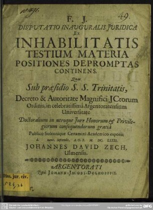 Disputatio inauguralis Juridica Ex inhabilitatis testium materia positiones depromptas continens
