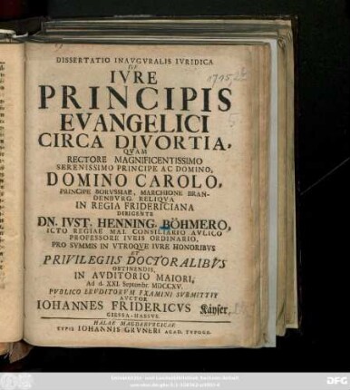 Dissertatio Inavgvralis Ivridica De Ivre Principis Evangelici Circa Divortia