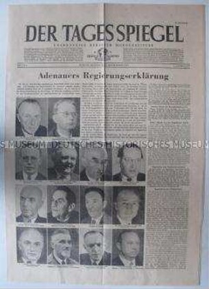 Fragment der (West)-Berliner Tageszeitung "Der Tagesspiegel" zur Bildung der Adenauer-Regierung in Bonn mit Porträts der Kabinetts-Mitglieder