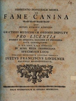 Dissertatio Inavgvralis Medica De Fame Canina