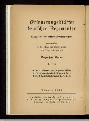 Titelblatt der Reihe - Erinnerungsblätter deutscher Regimenter