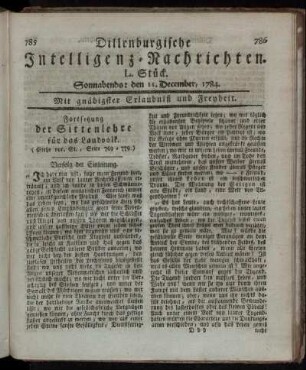 L. Stück. Sonnabends: den 11. December, 1784.