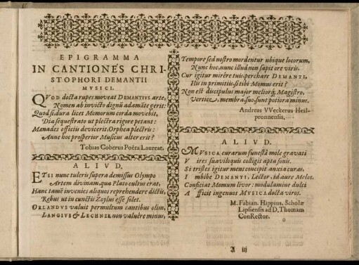 Epigramma In Cantiones Christophori Damantii Musici