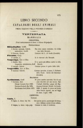 Libro Secondo Cataloghi Degli Animali Finora Osservati Nella Provincia Di Brescia.
