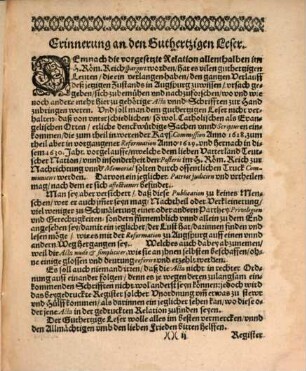 Appendix Relationis Uber der deß H. Reichs Stadt Augspurg jetzigen Zustand der Religion halber In Jahren 1628. 1629. und 1630. vorgangen : Neben beygefügten nohtwendigen Allegaten, Auch guthertziger Erinnerung, und einem nutzlichen Register