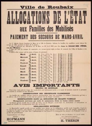 "Ville de Roubaix; Allocations de l'Etat aux Familles des Mobilisés; Paiement des Secours de Mars-Avril" (Auszahlungen an Angehörige von Mobilisierten)