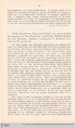 [Rezension von: Hans Mackowsky, August Pauly, Wilhelm Weigand (Hrsg.), Adolph Bayersdorfers Leben und Schriften aus seinem Nachlass]