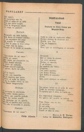 Nostalgias : Vals. Grabado en disco Victor por Magaldi-Noda