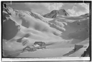 Stubaier Alpen. Dresdner Hütte (2303 Meter) mit Fernauferner und Schaufelspitze (3333 Meter)