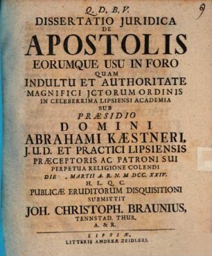 Diss. iur. de apostolis, eorumque usu in foro