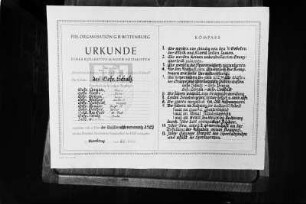 Deutsche Demokratische Republik. Urkunde eines Kollektivs Junger Sozialisten, ausgefertigt am 09.06.1959 von der FDJ-Grundorganisation des Grenzbataillons Wittenburg der Deutschen Grenzpolizei