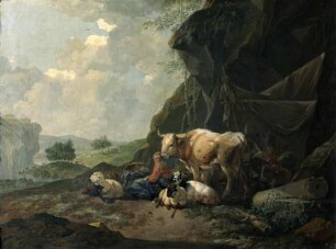 Hirten und Herden unter Felsen