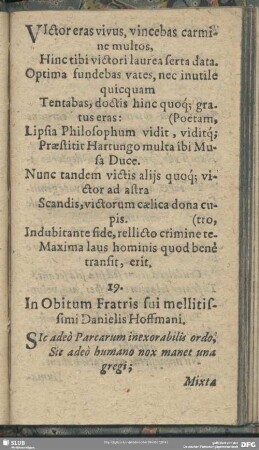 19. In obitum Fratris sui mellitissimi Danielis Hoffmani