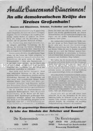 Aufruf der Kreisvorstände der antifaschistischen Parteien und Organisationen von Großenhain zu gegenseitiger Unterstützung Frühjahrsbestellung 1947