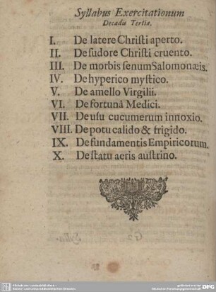 Syllabus Exercitationum Decadis Tertia.