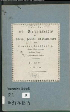 Zivilstandsregister der evangelischen Gemeinde Bruchhausen, Kreis Höxter (GHT 1814) (Gemeinde: Evangelische Gemeinde Bruchhausen)