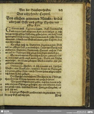 Das achzehende Capitel. Von etlichen gemeinen Mitteln, wider allerhand Gifft, auch gifftige Speisen und gifftige Thier
