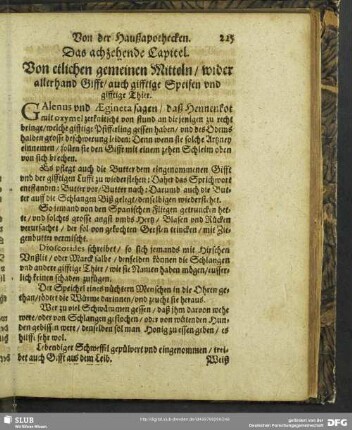 Das achzehende Capitel. Von etlichen gemeinen Mitteln, wider allerhand Gifft, auch gifftige Speisen und gifftige Thier
