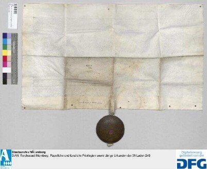 Der römische König Friedrich III. verschiebt die Entscheidung des Streits zwischen Markgraf Albrecht von Brandenburg einerseits und der Stadt Nürnberg andererseits wegen Rückgabe der Schlösser Lichtenau, Bruckberg, Uehlfeld und Lonnerstadt an die Stadt auf die namens des Markgrafen durch Peter Knorr, Propst zu Wetzlar, Hanns von Seckendorff genannt Abendar, Michael Jacobi, Dechant, und Wenzel Reynman, Chorherrn zu Ansbach, vorgebrachte Einrede, dass der Markgraf die ihm durch Heinrich Marschalkh von Pappenheim überantwortete kaiserliche Ladung um merklicher Gebrechen willen nicht für eine Ladung nach Laut der "Richtung" halte, auf den nächsten Freitag nach St. Johanns tag zur Sunnwenden. - Siegler: der Aussteller.
