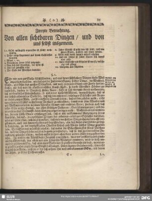 Zweyte Betrachtung. Von allen sichtbaren Dingen, und von uns selbst insgemein