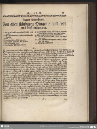 Zweyte Betrachtung. Von allen sichtbaren Dingen, und von uns selbst insgemein