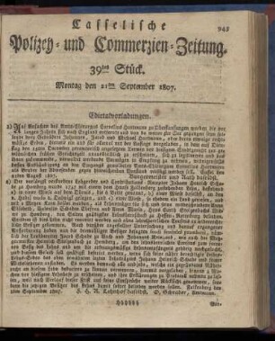 39tes Stück. Montag, den 21ten September 1807