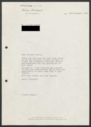 Brief an Elliott Carter, 23.11.1990