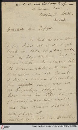 Briefe von Henry E. Roscoe an Robert Wilhelm Bunsen: Brief von Henry E. Roscoe an Robert Wilhelm Bunsen