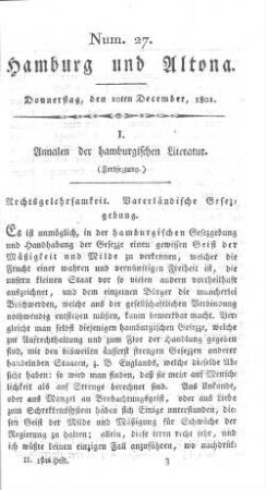 I. Annalen der hamburgische Literatur. (Fortsezzung.) Rechtsgelehrsamkeit. Vaterländische Gesezgebung.