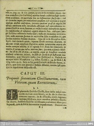 Caput III. Proponit sententiam Christianorum, tam Veterum, quam Recentiorum