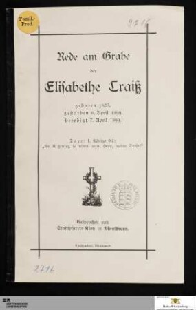 Rede am Grabe der Elisabethe Craiß : geboren 1823, gestorben 6. April 1899, beerdigt 7. April 1899