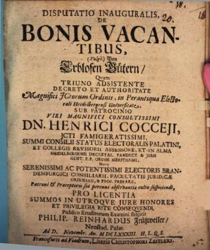 Disputatio Inauguralis, De Bonis Vacantibus, (Vulgo) Von Erblosen Gütern