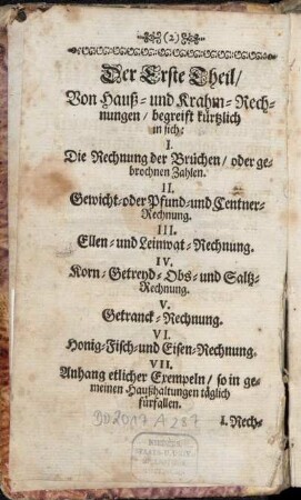 [...] Von Hauß- und Krahm-Rechnungen, begreift kürtzlich in sich [...]