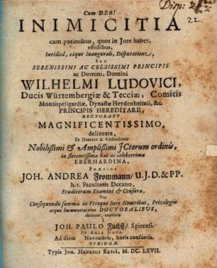 Inimicitia cum potioribus, quos in iure habet, effectibus : iuridica, eaque inaugurali, disputatione ... delineata