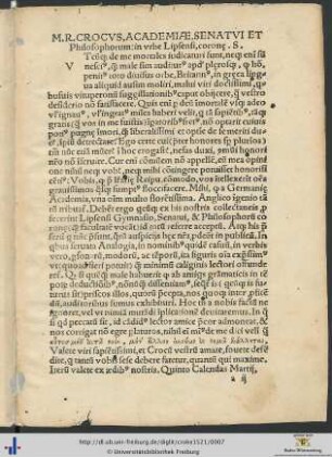Richardus Crocus Academiæ, Senatui et Philosophorum in urbe Lipsensi coronę Salutem