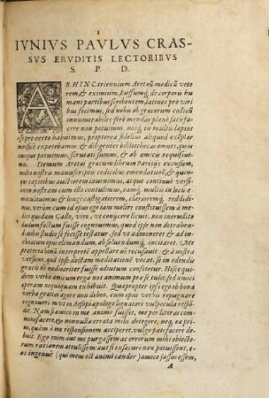 Medici Antiqvi Graeci Aretaevs, Palladivs Rvffvs, Theophilvs : Physici & Chirurgi. Partim nunquam, partim anteà, sed nunc auctiores editi. Omnes à Ivnio Pavlo Crasso Medico & Professore Patauino Latio donati. Quibus accesserunt Stephanus Athen. & ipsius Craßi Quaestiones Medicae & Naturales